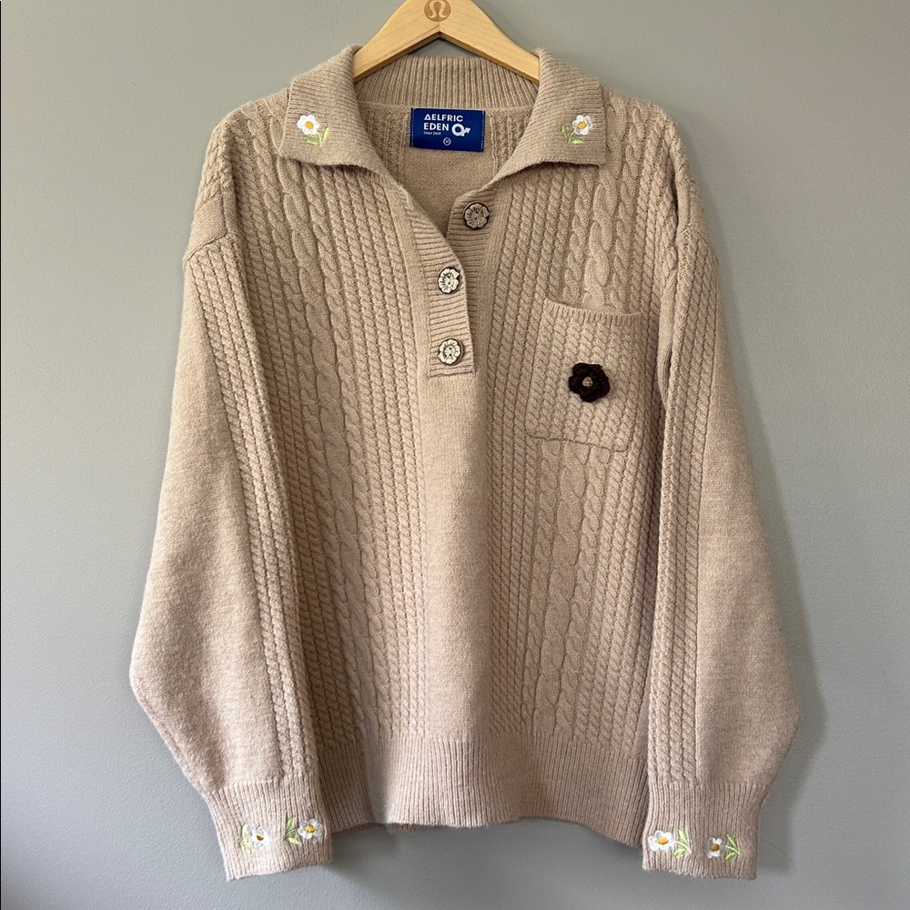 Aelfric Eden Chunky Cable Knit‎ Oversized Collared Sweater Tan Flowers Sz Med
